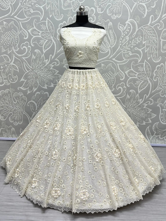 Beautiful White Thread Work Net Designer Lehenga Choli With Dupatta - Zeel Clothing