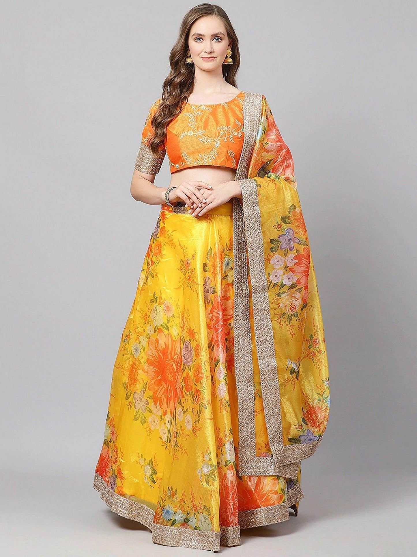 Beautiful Yellow-Orange Designer Digital Printed Lehenga Choli - Zeel Clothing