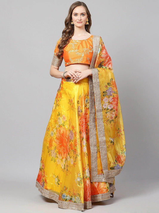 Beautiful Yellow-Orange Designer Digital Printed Lehenga Choli - Zeel Clothing