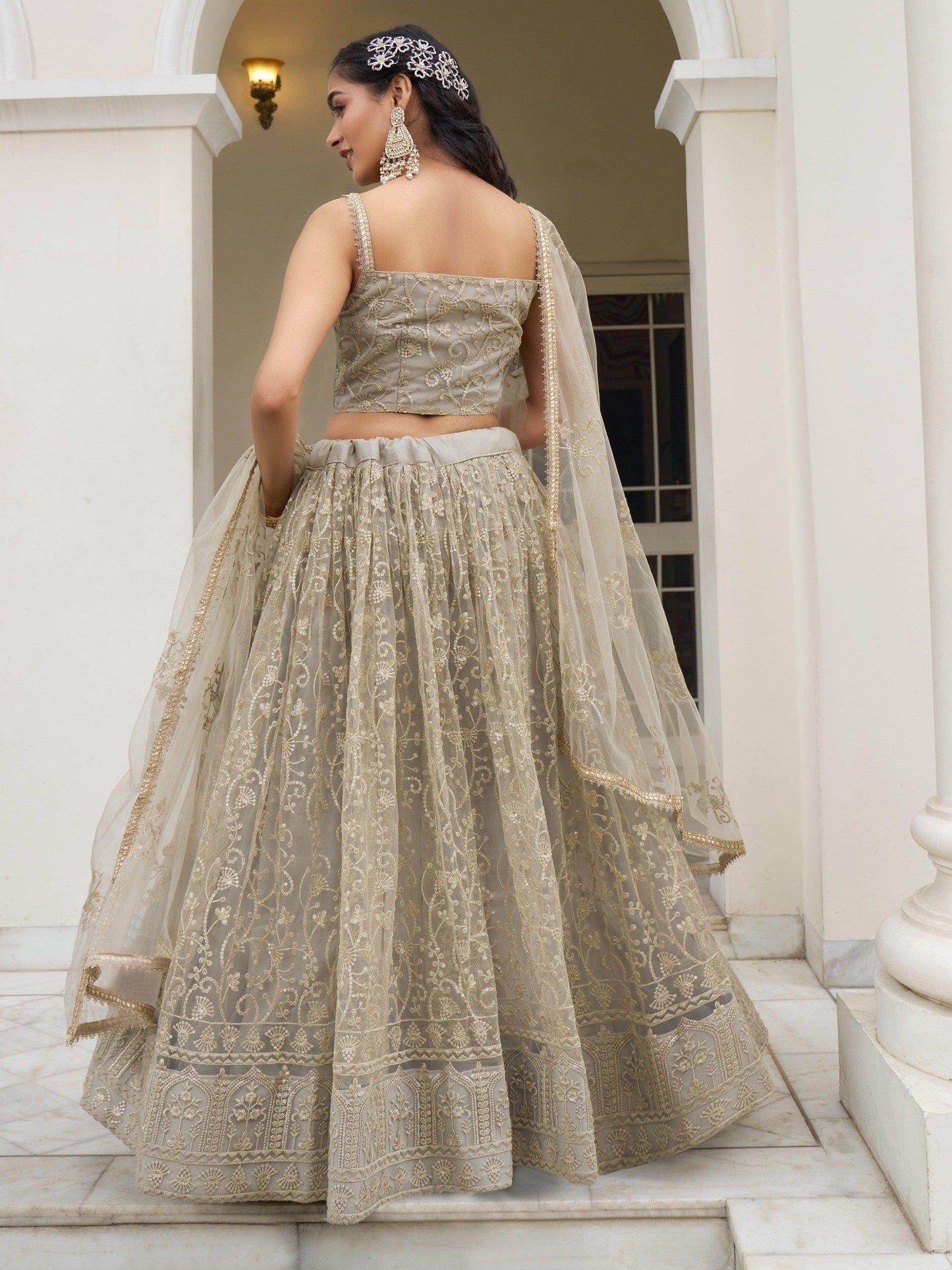 Bewitching Ivory Thread Work Net Engagement Wear Lehenga Choli - Zeel Clothing