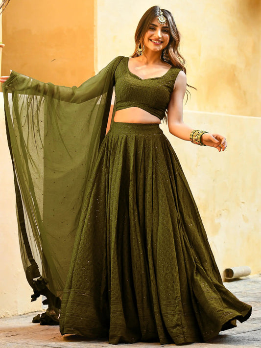 Bewitching Mehendi Green Sequins Georgette Lehenga Choli With Net Dupatta - Zeel Clothing