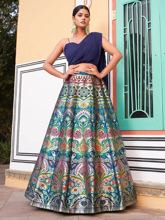 Bewitching Navy Blue Zari Weaving Silk Indo-Western Crop Top Lehenga - Zeel Clothing