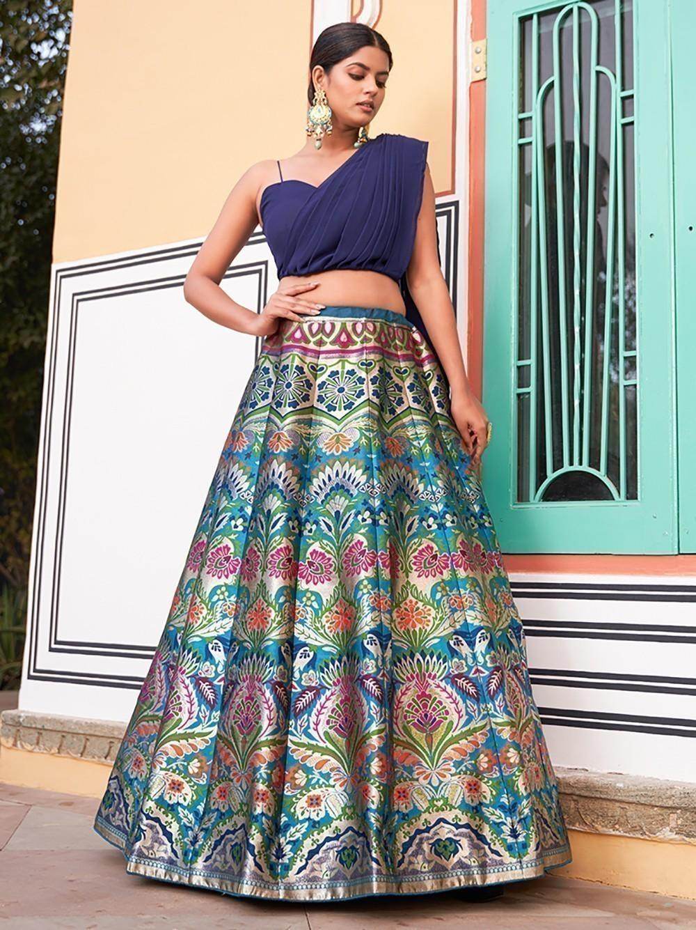 Bewitching Navy Blue Zari Weaving Silk Indo-Western Crop Top Lehenga - Zeel Clothing