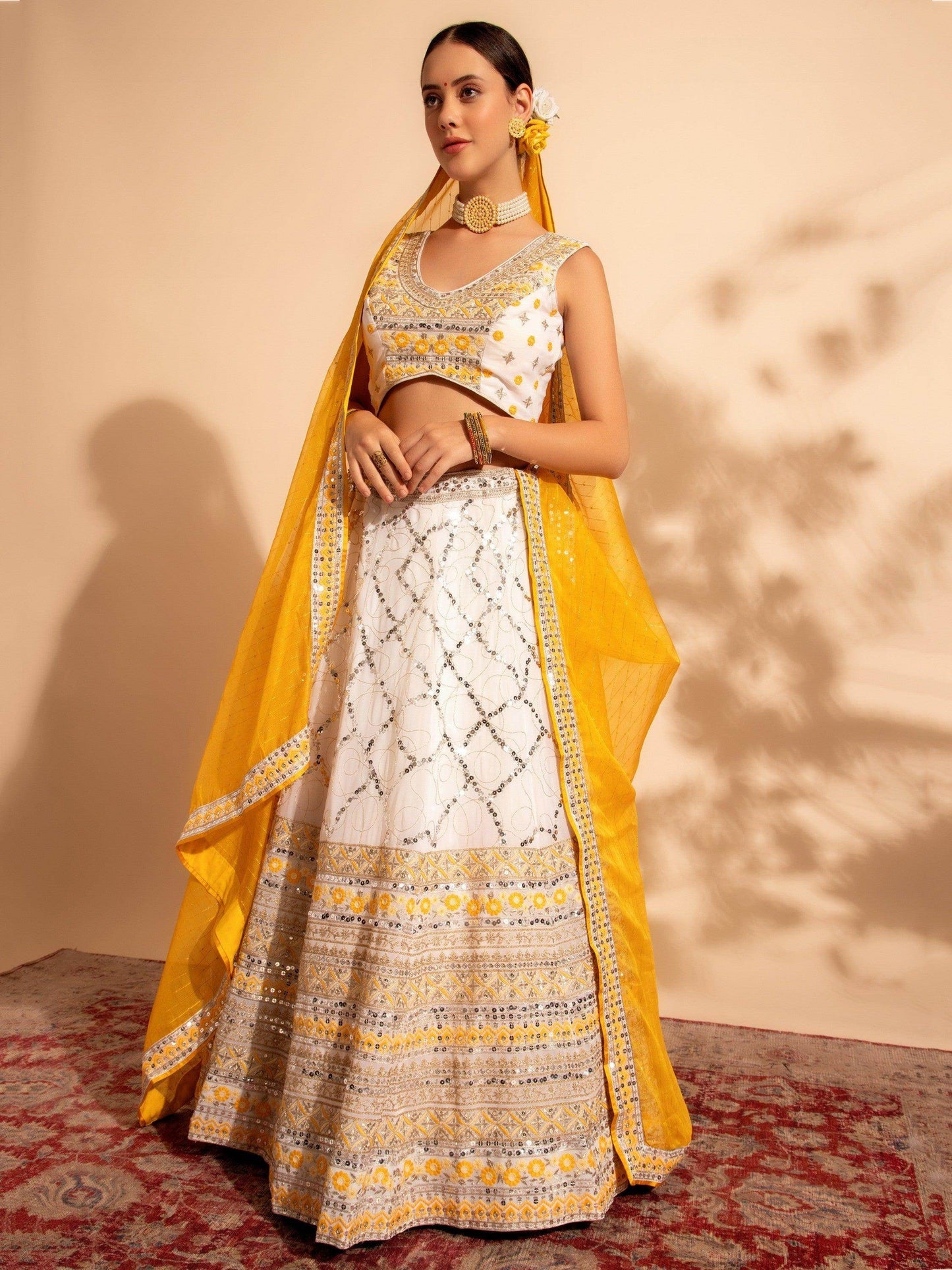 Bewitching White Sequins Work Georgette Function Wear Lehenga Choli - Zeel Clothing