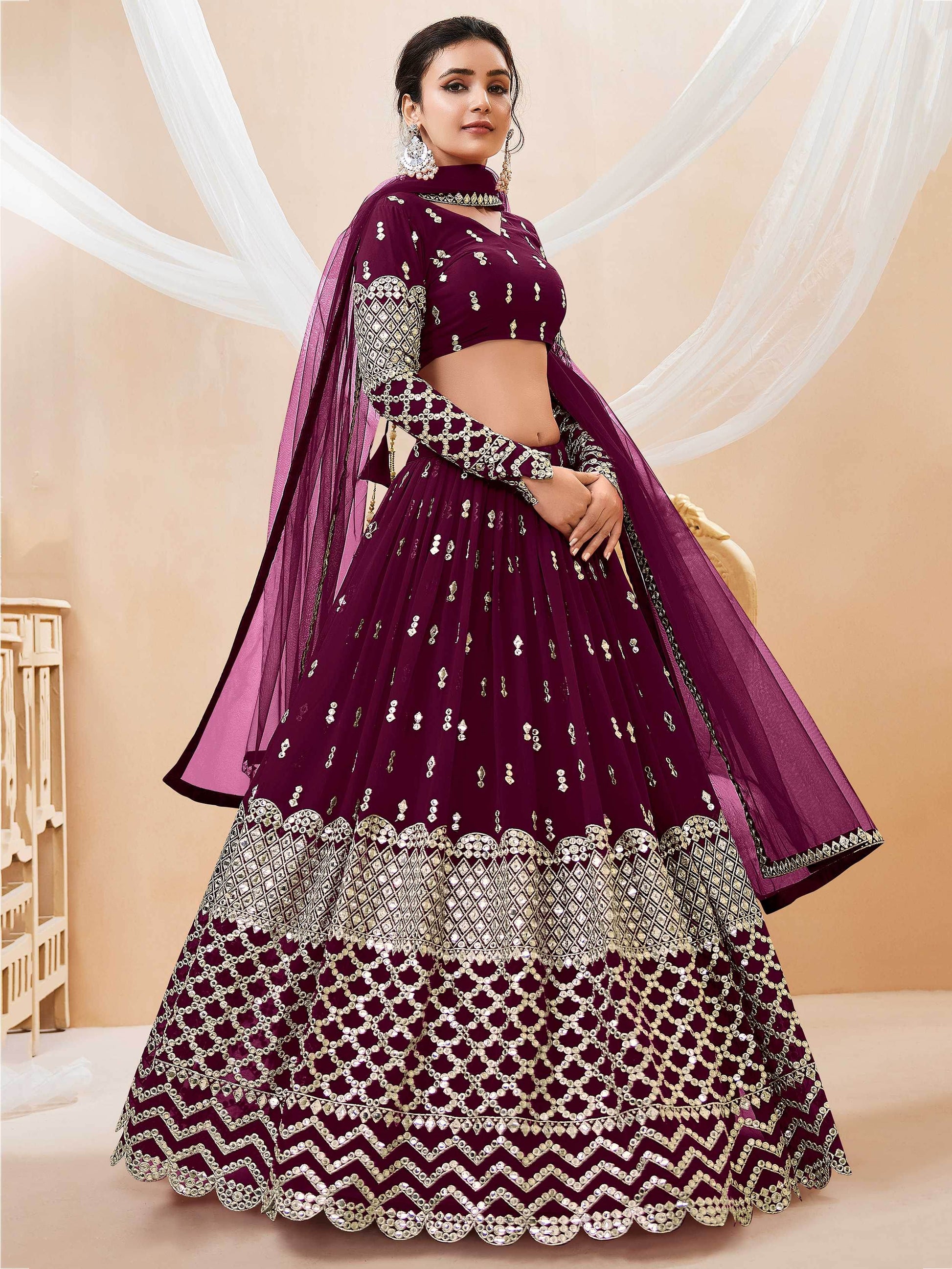 Bewitching Wine Sequins Georgette Wedding Wear Lehenga Choli - Zeel Clothing