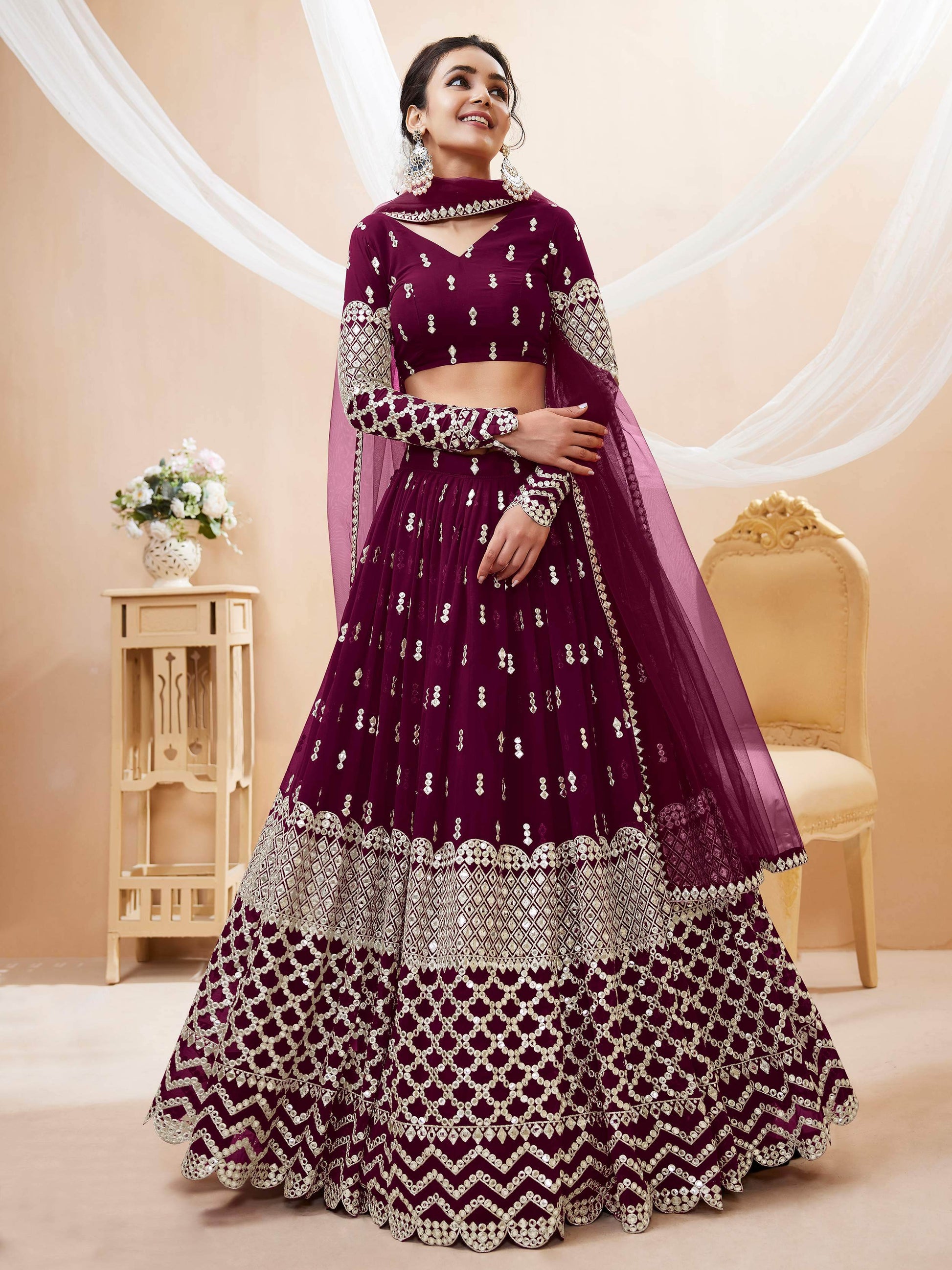 Bewitching Wine Sequins Georgette Wedding Wear Lehenga Choli - Zeel Clothing