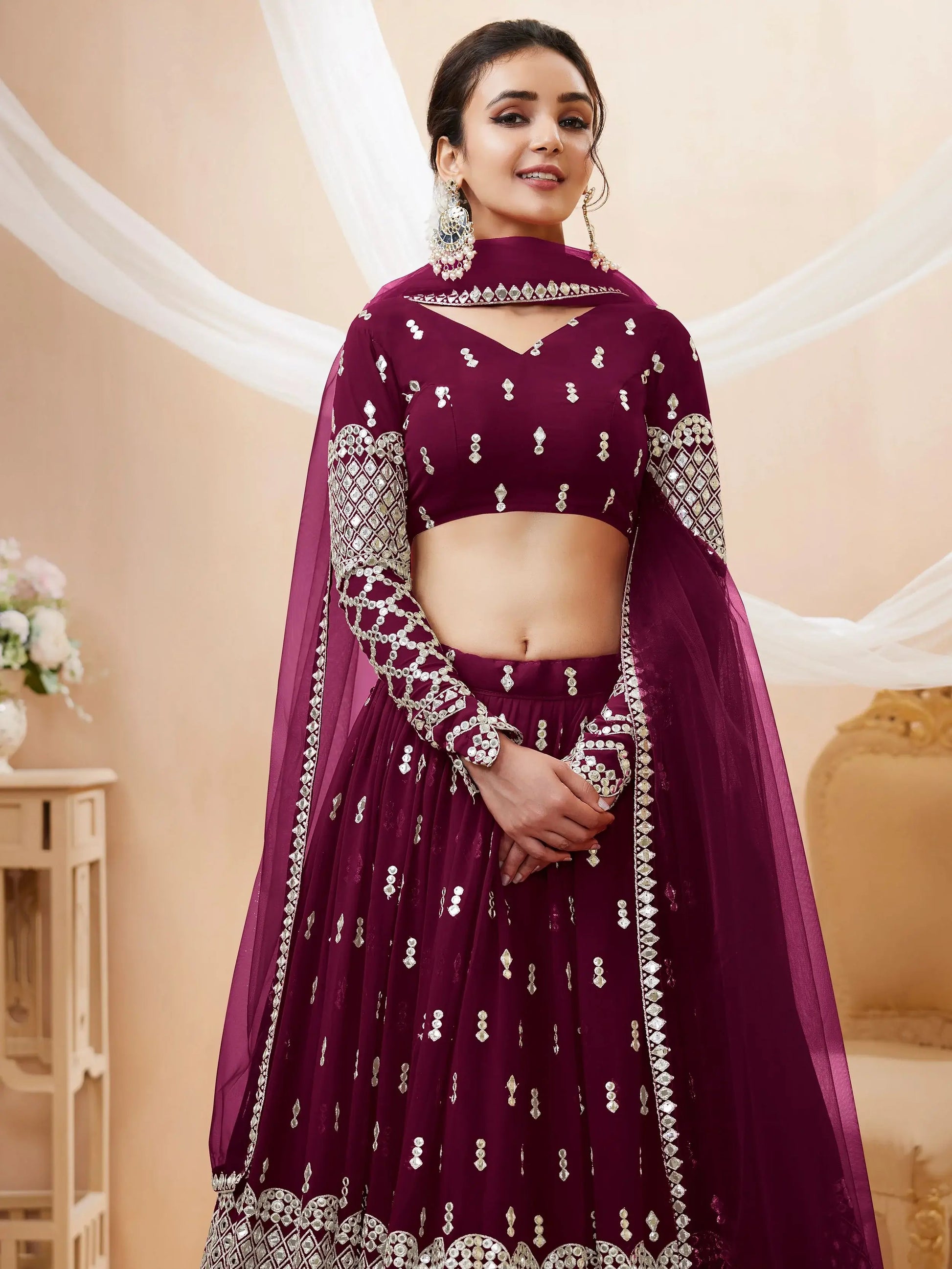 Bewitching Wine Sequins Georgette Wedding Wear Lehenga Choli - Zeel Clothing