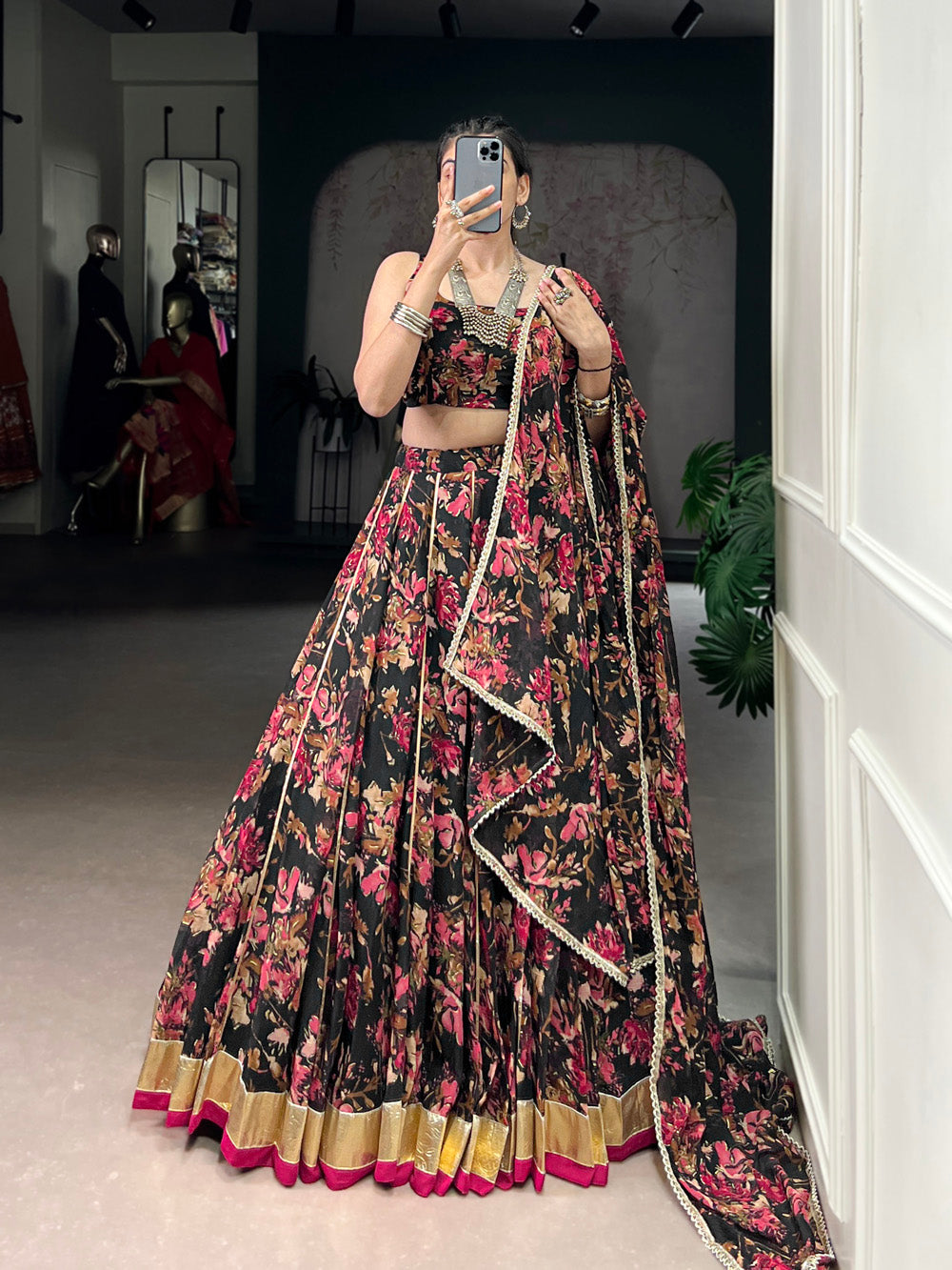 Black Color Floral And Foil Print With Embossed Design Chiffon Ghaghra choli
