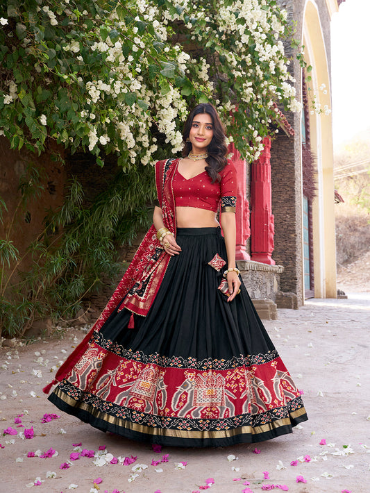 Black Color Patola Printed Tussar Silk Lehenga Choli