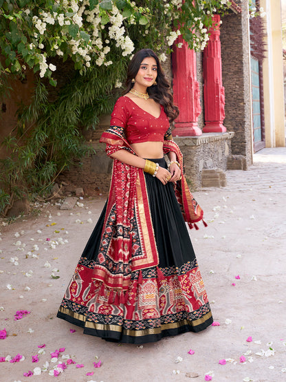 Black Color Patola Printed Tussar Silk Lehenga Choli