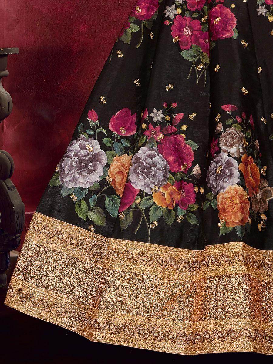 Black Floral Print Banglori Silk Sangeet Wear Lehenga Choli - Zeel Clothing