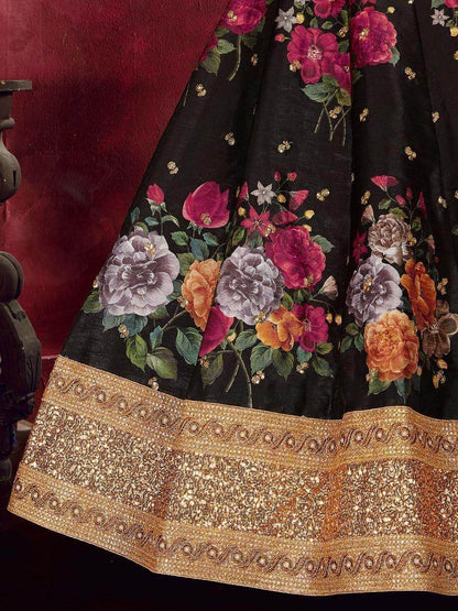 Black Floral Print Banglori Silk Sangeet Wear Lehenga Choli - Zeel Clothing