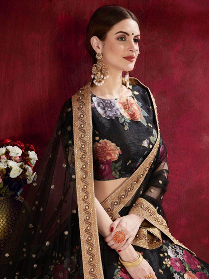 Black Floral Print Banglori Silk Sangeet Wear Lehenga Choli - Zeel Clothing