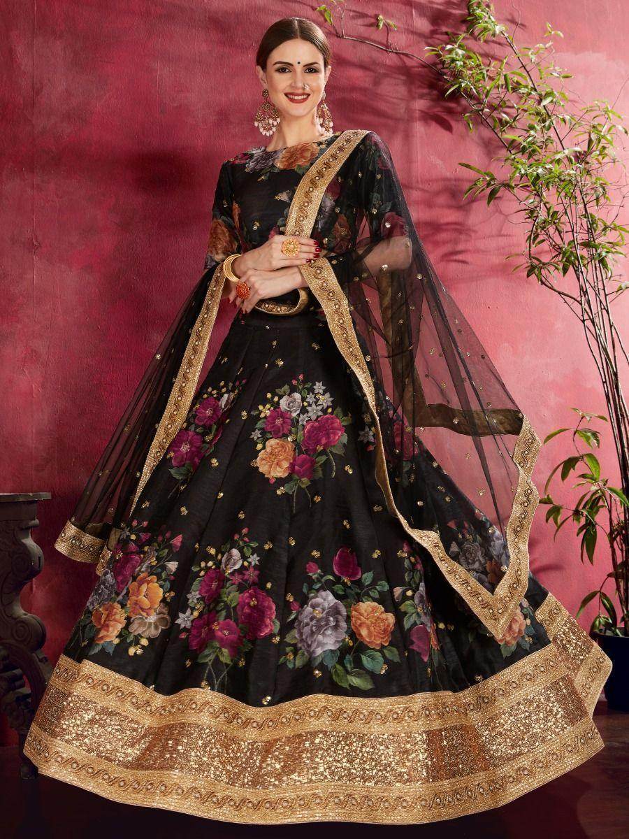 Black Floral Print Banglori Silk Sangeet Wear Lehenga Choli - Zeel Clothing