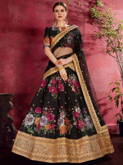 Black Floral Print Banglori Silk Sangeet Wear Lehenga Choli - Zeel Clothing