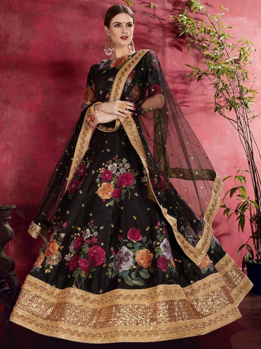 Black Floral Print Banglori Silk Sangeet Wear Lehenga Choli - Zeel Clothing