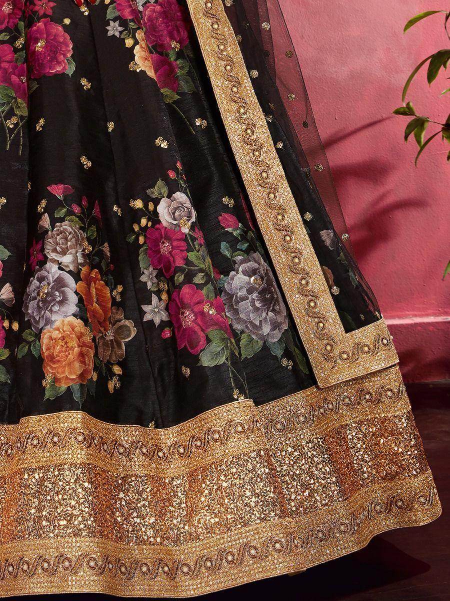 Black Floral Print Banglori Silk Sangeet Wear Lehenga Choli - Zeel Clothing
