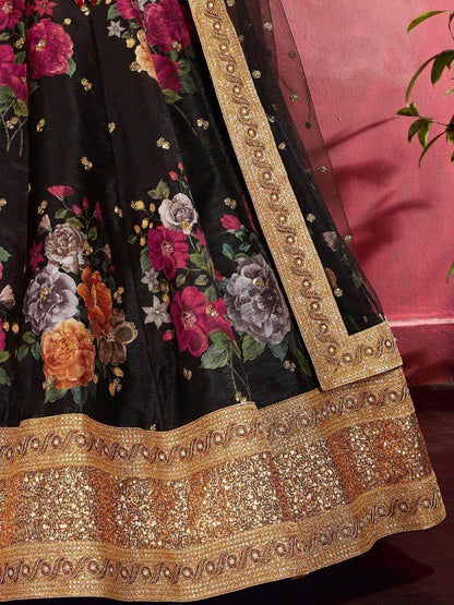 Black Floral Print Banglori Silk Sangeet Wear Lehenga Choli - Zeel Clothing