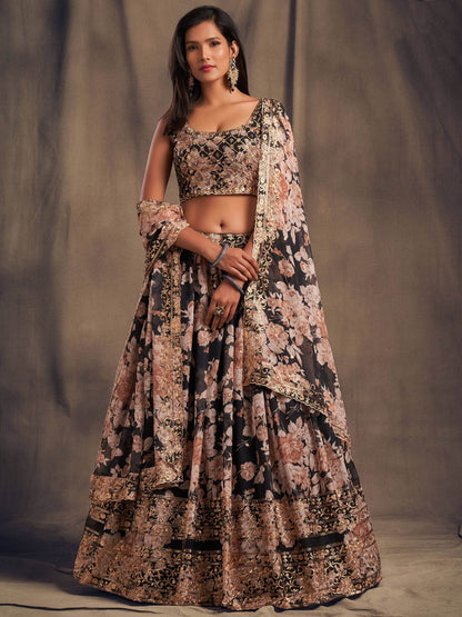 Black Floral Printed Organza Festival Lehenga Choli - Zeel Clothing
