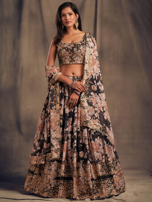 Black Floral Printed Organza Festival Lehenga Choli - Zeel Clothing