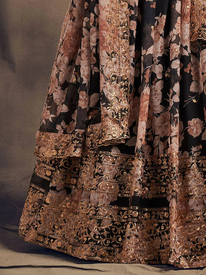 Black Floral Printed Organza Festival Lehenga Choli - Zeel Clothing