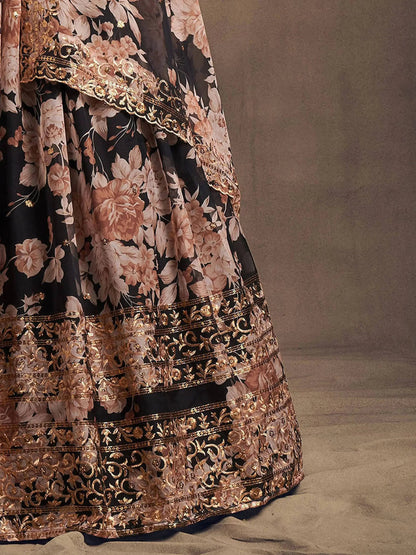 Black Floral Printed Organza Festival Lehenga Choli - Zeel Clothing