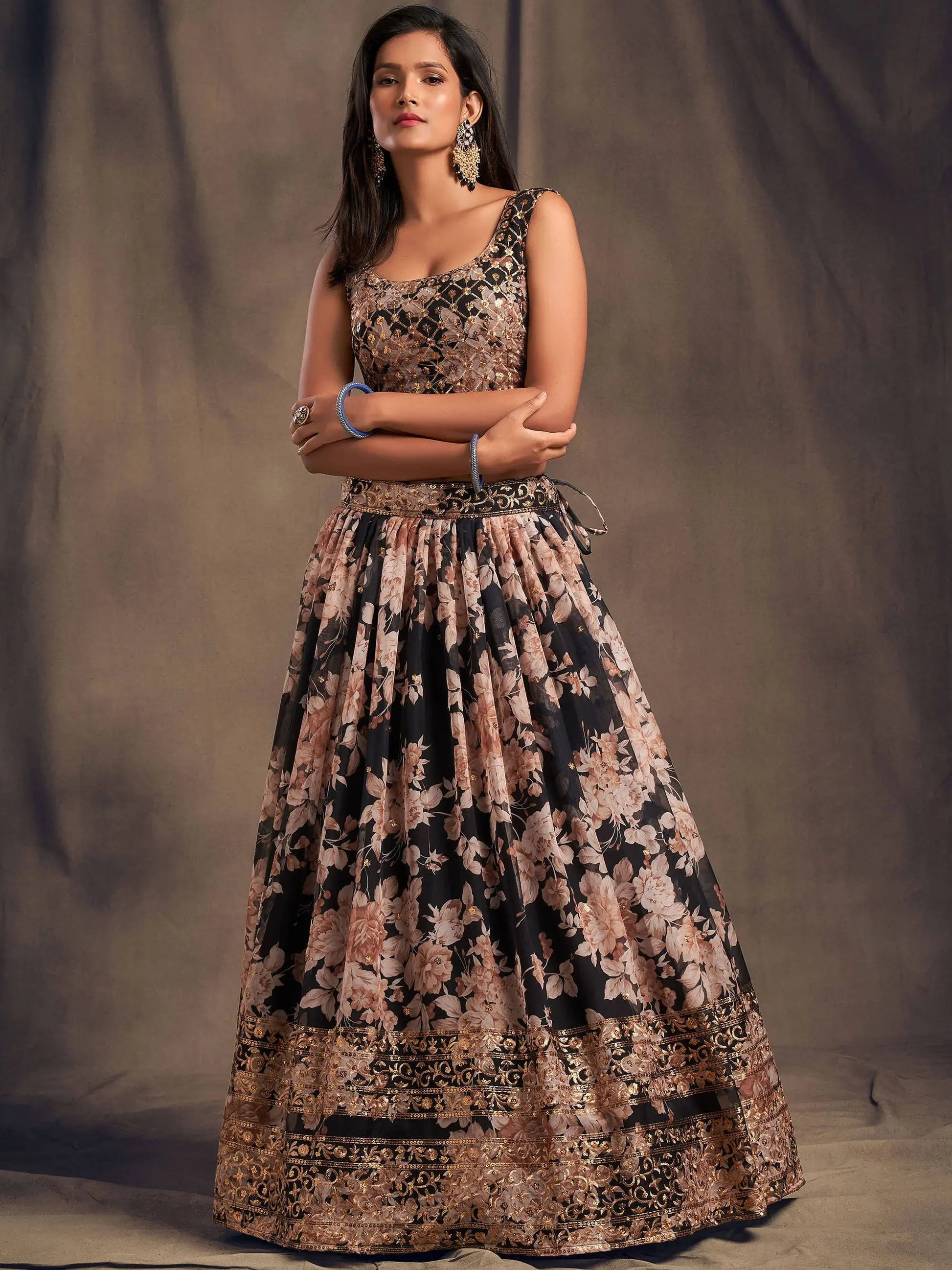 Black Floral Printed Organza Festival Lehenga Choli - Zeel Clothing