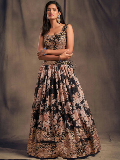 Black Floral Printed Organza Festival Lehenga Choli - Zeel Clothing