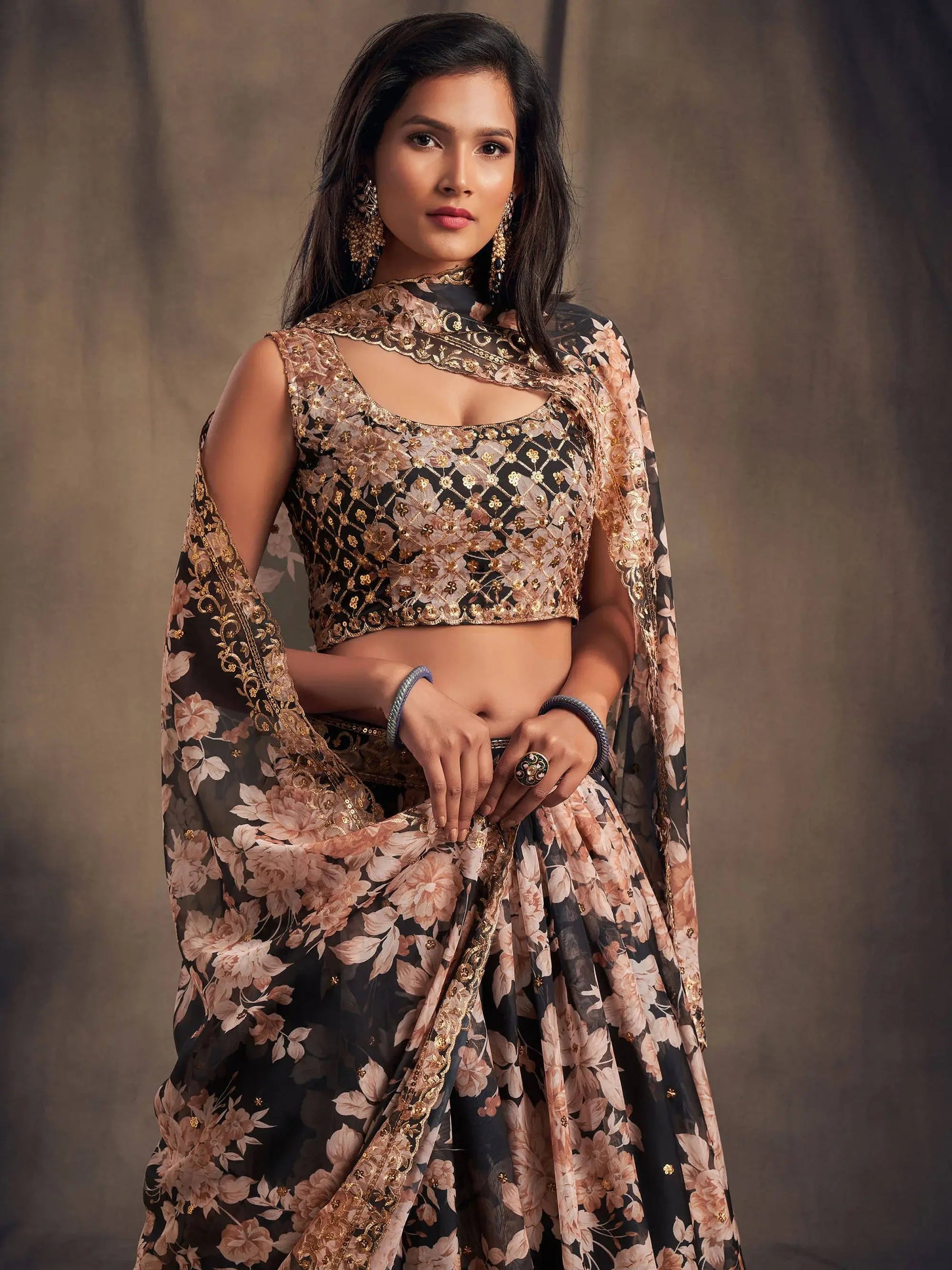 Black Floral Printed Organza Festival Lehenga Choli - Zeel Clothing