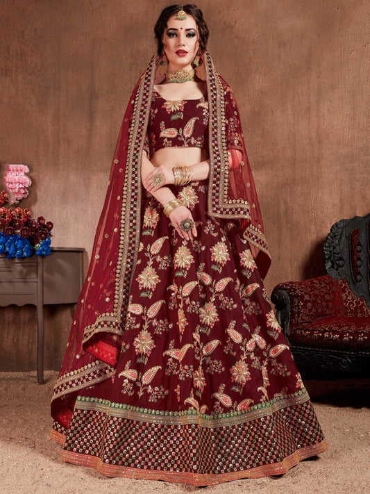 Blooming Dark Maroon Colored Bridal Wear Designer Embroidered Lehenga choli - Zeel Clothing