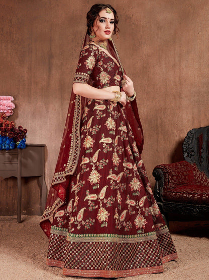Blooming Dark Maroon Colored Bridal Wear Designer Embroidered Lehenga choli - Zeel Clothing