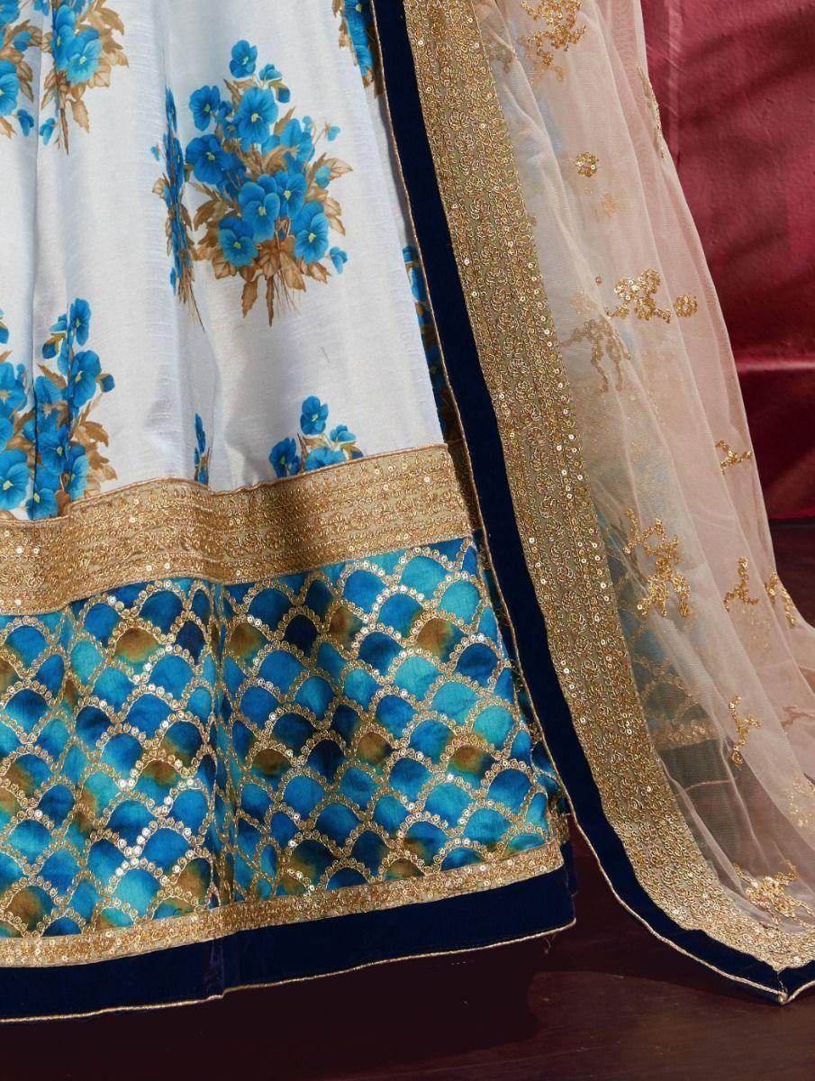 Blue & White Floral Print Banglori Silk Wedding Wear Lehenga Choli - Zeel Clothing