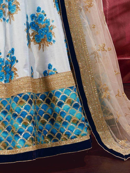Blue & White Floral Print Banglori Silk Wedding Wear Lehenga Choli - Zeel Clothing