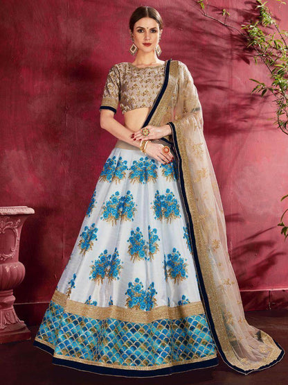 Blue & White Floral Print Banglori Silk Wedding Wear Lehenga Choli - Zeel Clothing