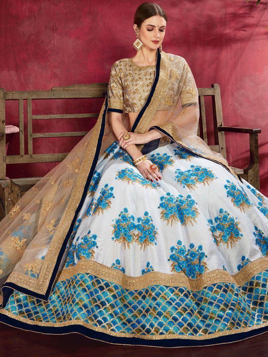 Blue & White Floral Print Banglori Silk Wedding Wear Lehenga Choli - Zeel Clothing
