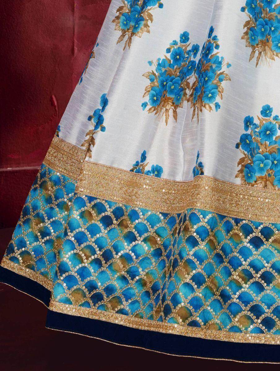 Blue & White Floral Print Banglori Silk Wedding Wear Lehenga Choli - Zeel Clothing