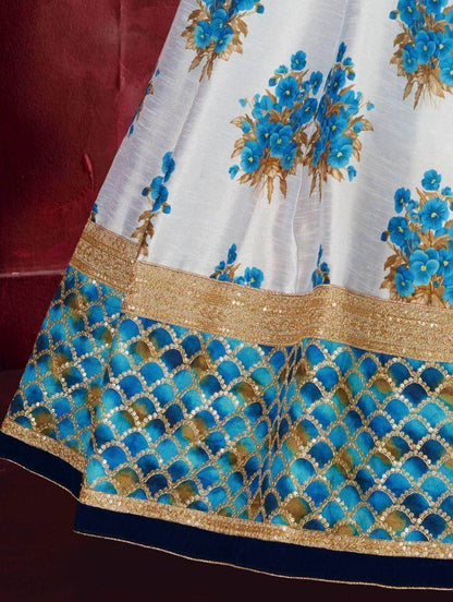 Blue & White Floral Print Banglori Silk Wedding Wear Lehenga Choli - Zeel Clothing