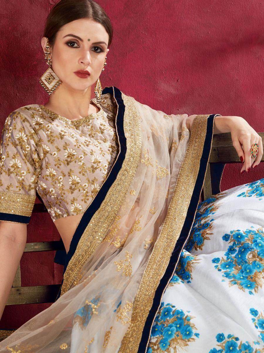 Blue & White Floral Print Banglori Silk Wedding Wear Lehenga Choli - Zeel Clothing