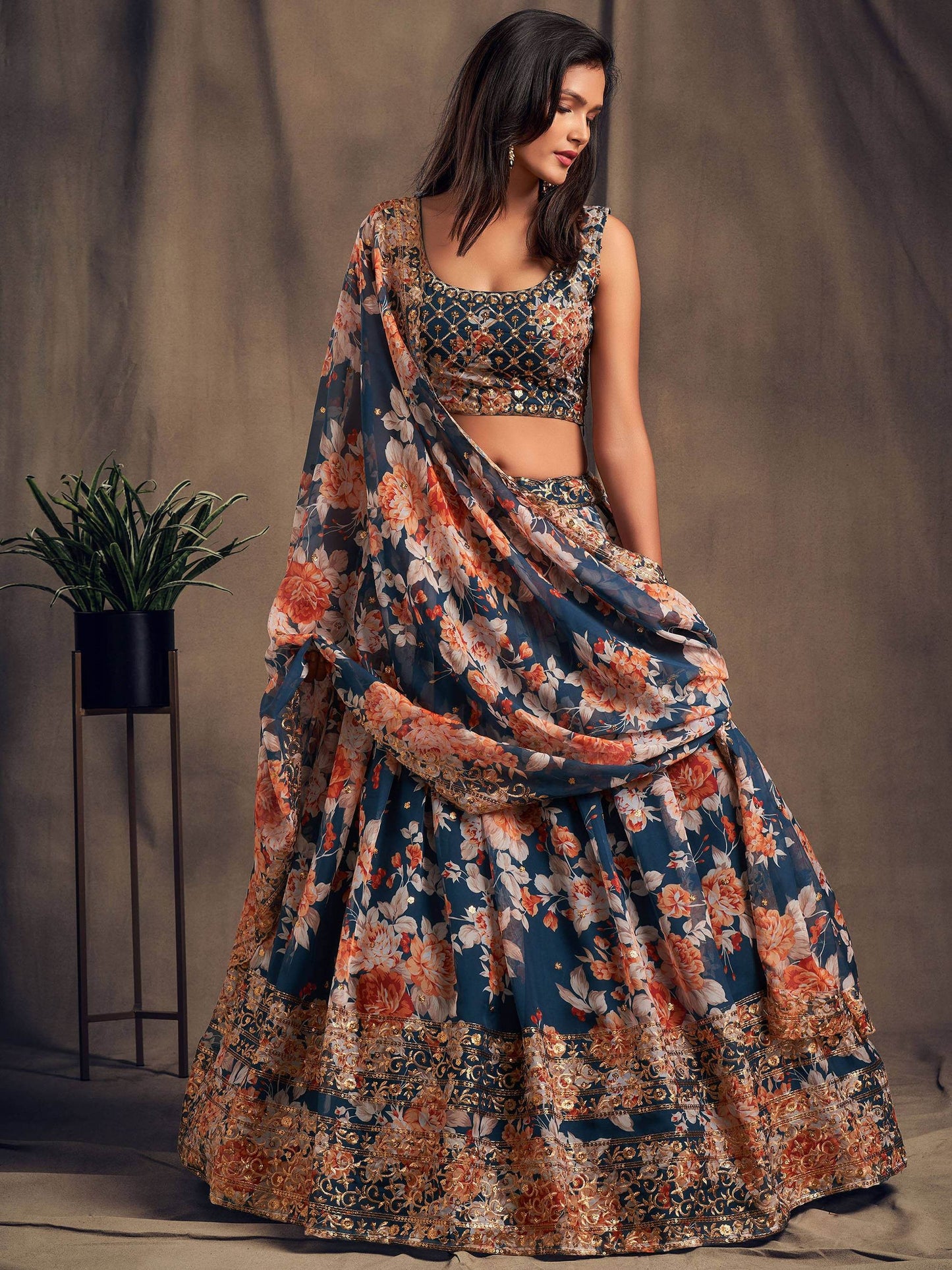 Blue Floral Printed Organza Festival Lehenga Choli - Zeel Clothing