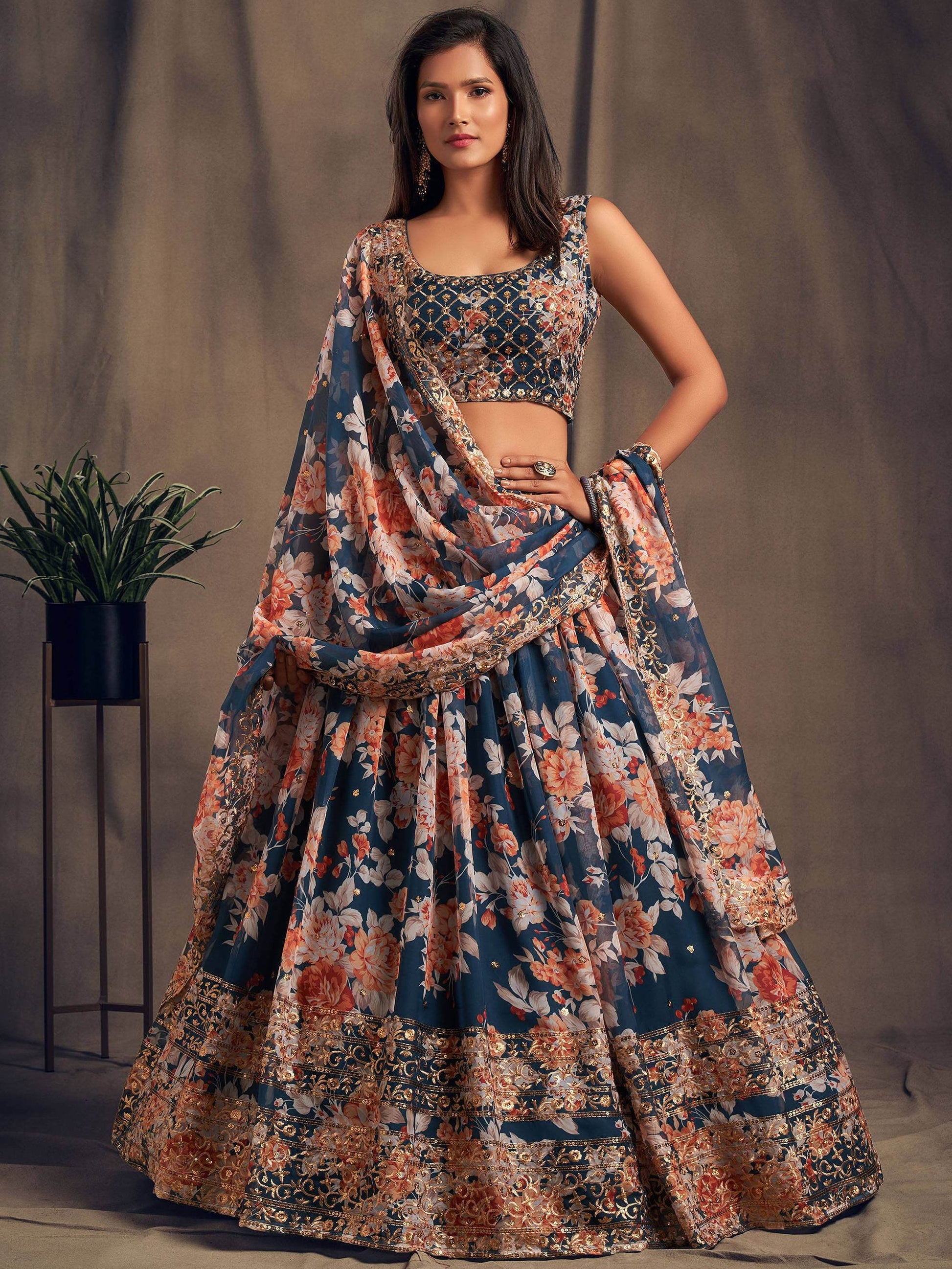Blue Floral Printed Organza Festival Lehenga Choli - Zeel Clothing