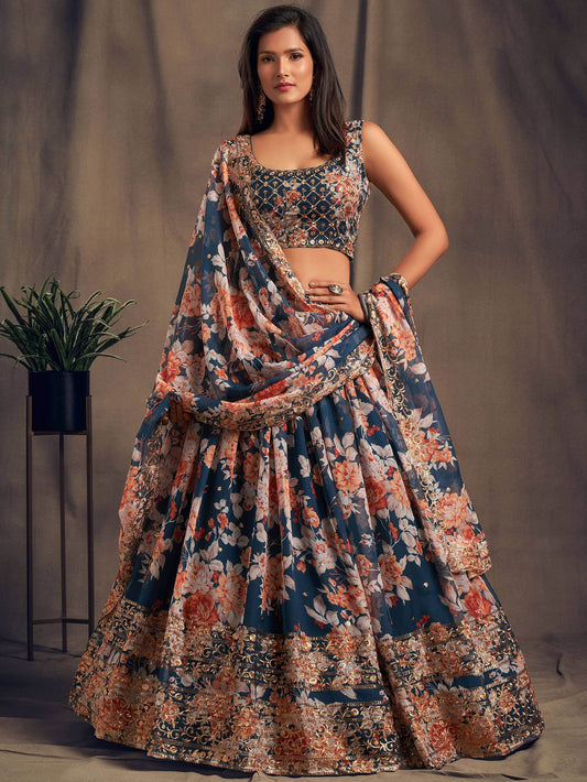 Blue Floral Printed Organza Festival Lehenga Choli - Zeel Clothing