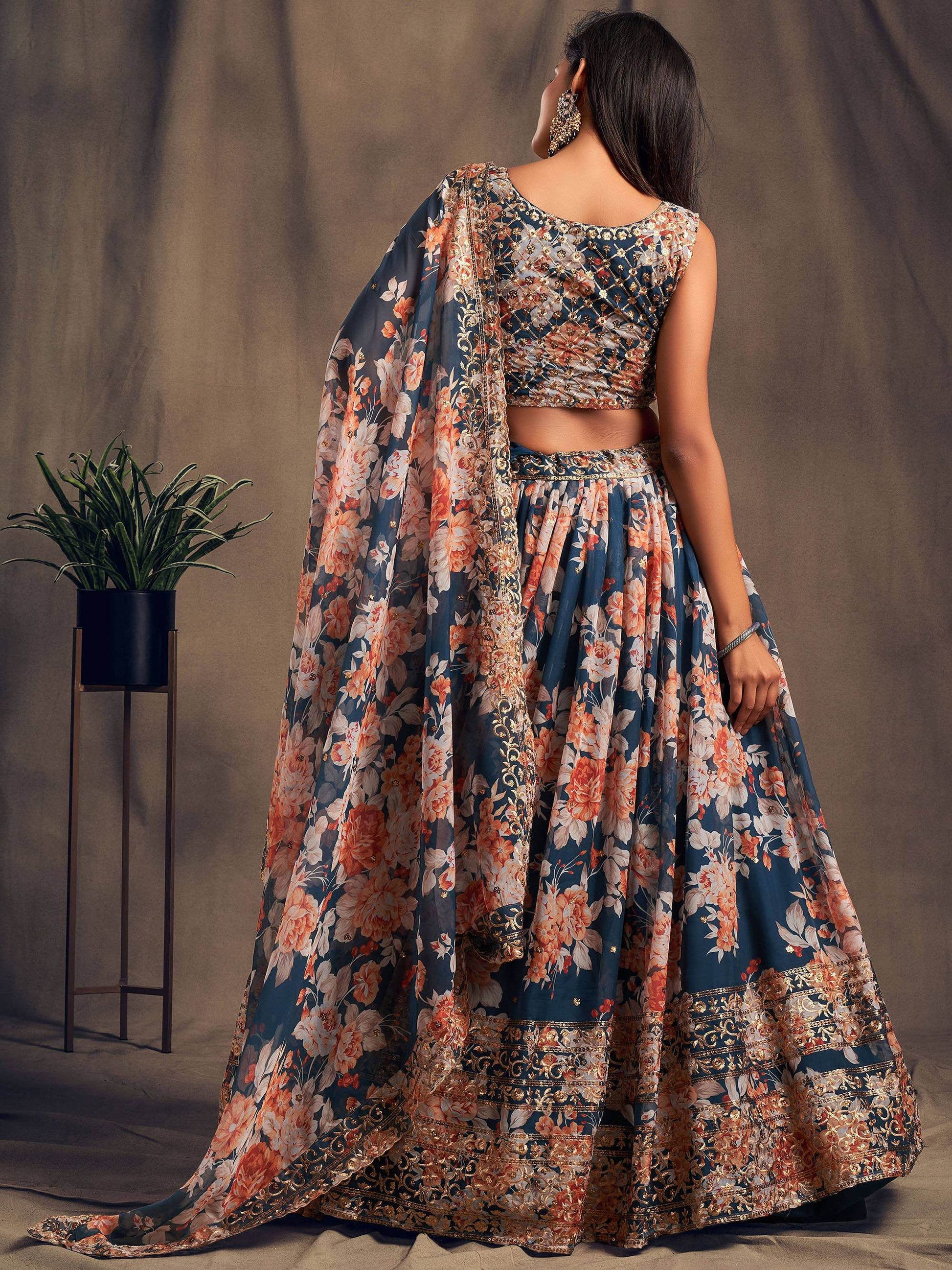 Blue Floral Printed Organza Festival Lehenga Choli - Zeel Clothing