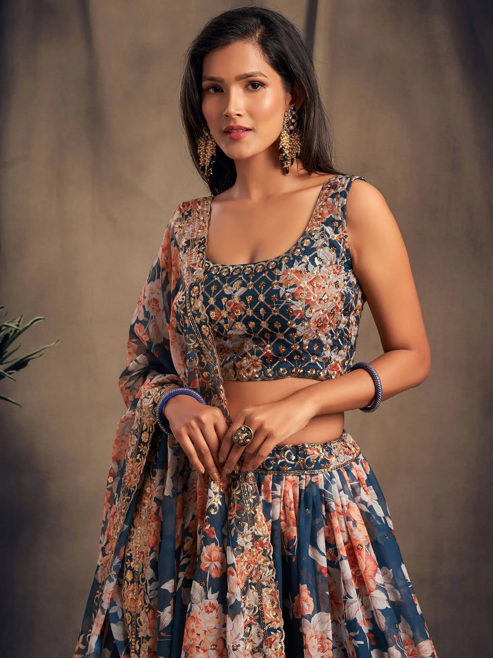 Blue Floral Printed Organza Festival Lehenga Choli - Zeel Clothing