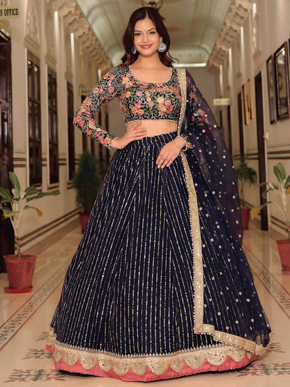Glamorous Navy Blue Floral Embroidery Net Engagement Wear Lehenga With Blouse