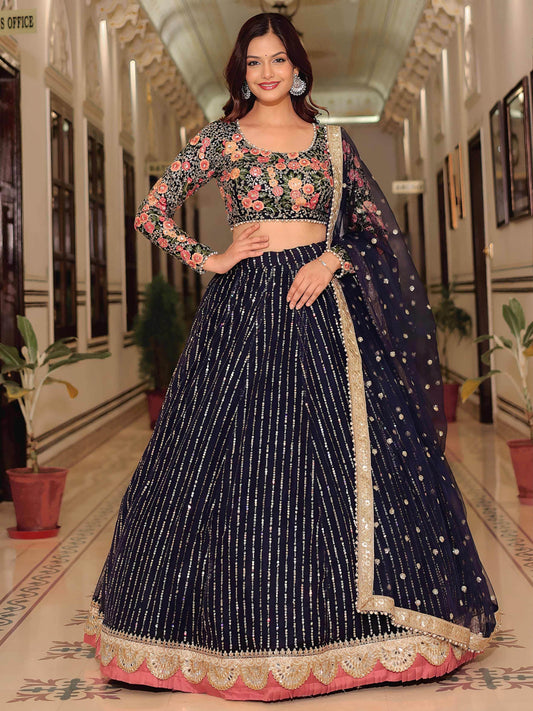 Glamorous Navy Blue Floral Embroidery Net Engagement Wear Lehenga With Blouse
