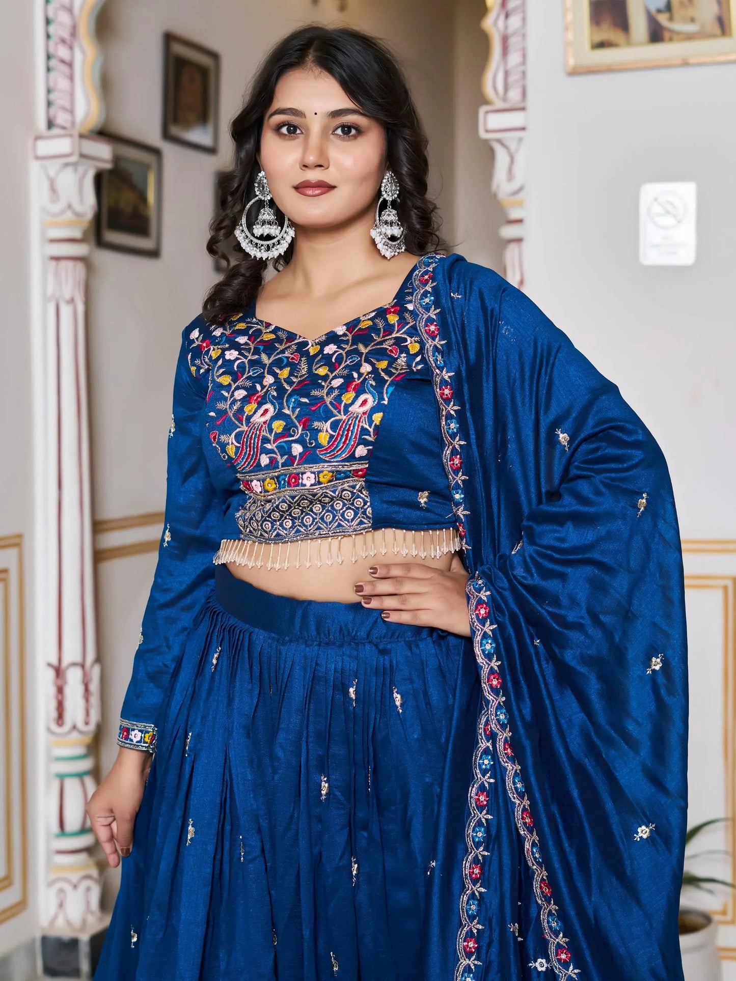 Great Blue Floral Embroidery Silk Wedding Wear Lehenga Choli With Dupatta
