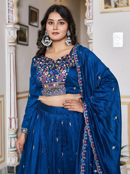 Great Blue Floral Embroidery Silk Wedding Wear Lehenga Choli With Dupatta