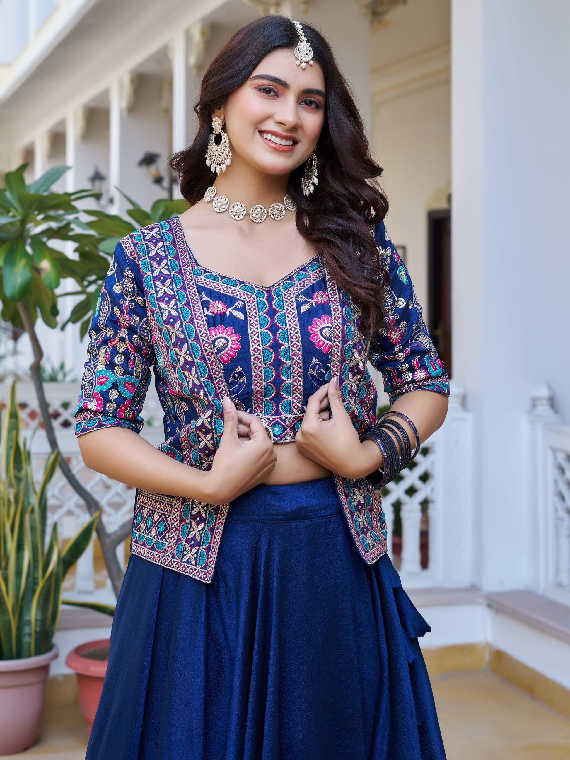 Stunning Blue Thread Embroidered Silk Marriage Wear Lehenga Choli With Jacket