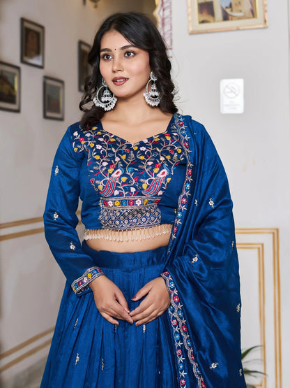 Great Blue Floral Embroidery Silk Wedding Wear Lehenga Choli With Dupatta