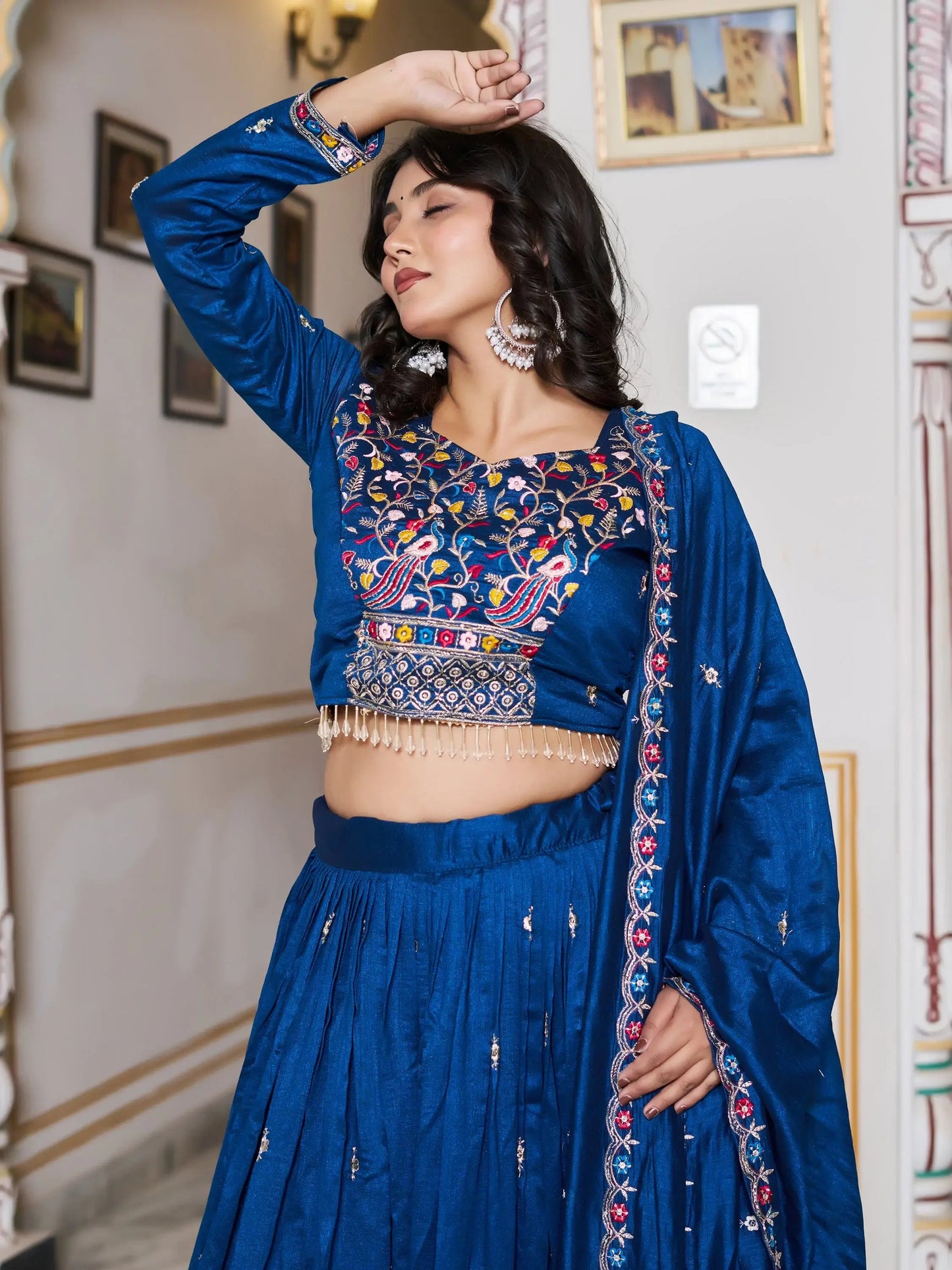 Great Blue Floral Embroidery Silk Wedding Wear Lehenga Choli With Dupatta